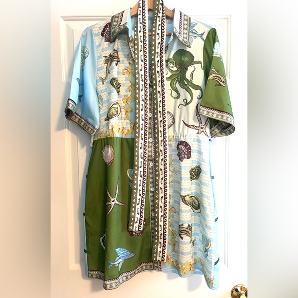 NWOT Bath House Mini Linen Sea Life Print Shirt Dress, L - Picture 5 of 8